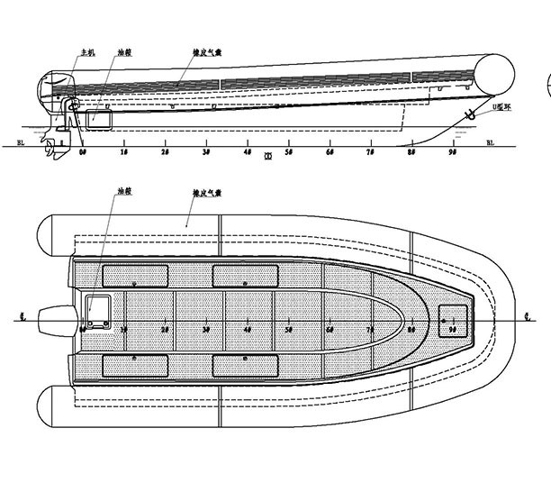 js-580x喷泵防汛抢滩冲锋舟平面图